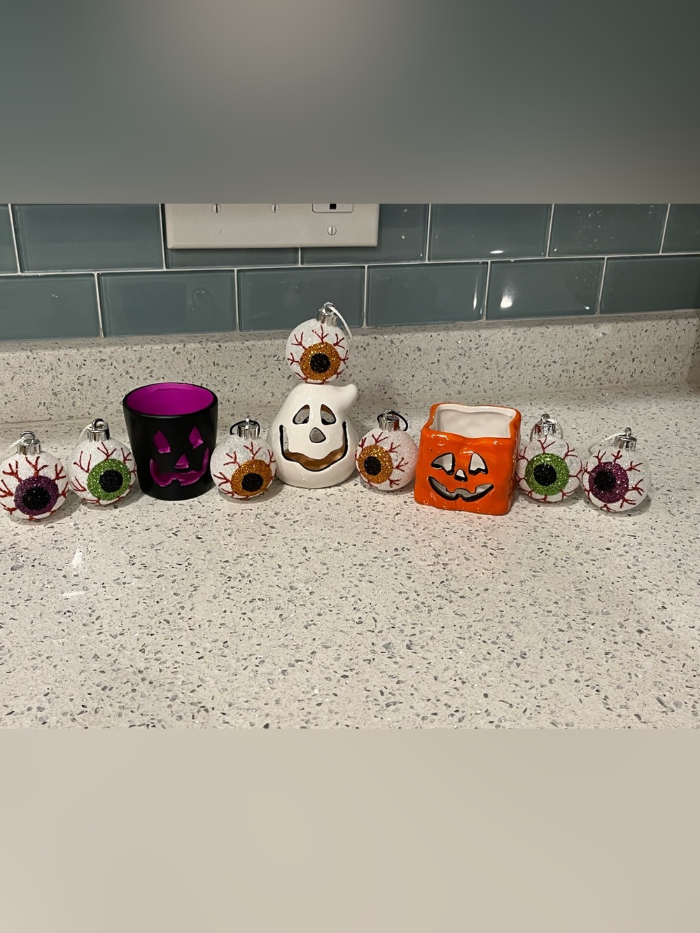 Three (3) Tea Candle & Seven (7) Halloween Glitter Bloodshot Eyeball Ornaments.